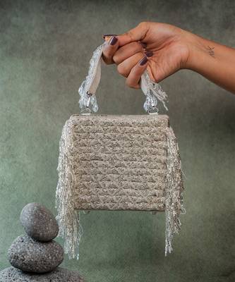 Silver weave fringe silk handbag 1