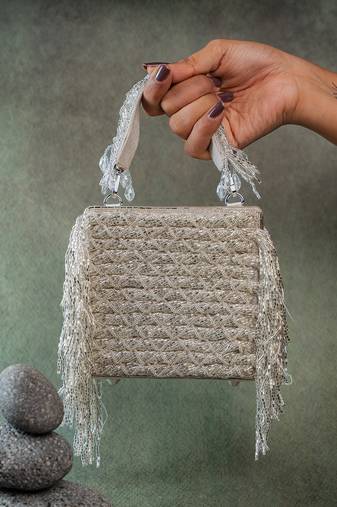 Silver weave fringe silk handbag