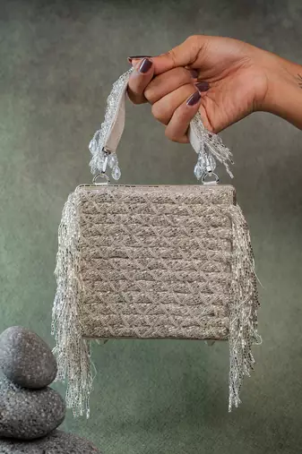 Silver weave fringe silk handbag
