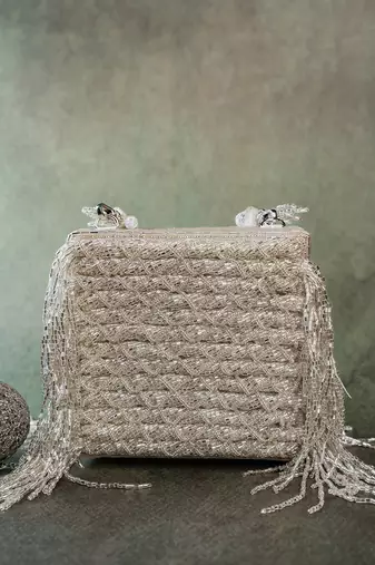 Silver weave fringe silk handbag