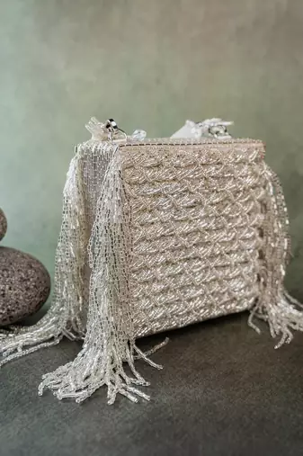Silver weave fringe silk handbag