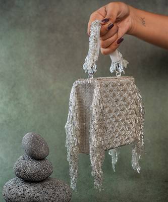 Silver weave fringe silk handbag 4