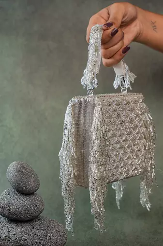 Silver weave fringe silk handbag