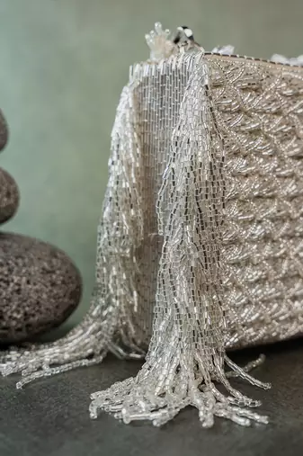 Silver weave fringe silk handbag