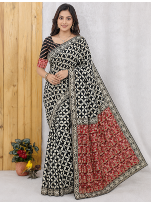 Black Color Floral Printed Pallu With Sequince & Mirror Work & Thread Embroidered Lace Border Silk Blend Saree 1