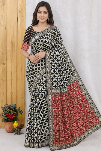 Black Color Floral Printed Pallu With Sequince & Mirror Work & Thread Embroidered Lace Border Silk Blend Saree