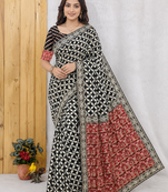 Black Color Floral Printed Pallu With Sequince & Mirror Work & Thread Embroidered Lace Border Silk Blend Saree