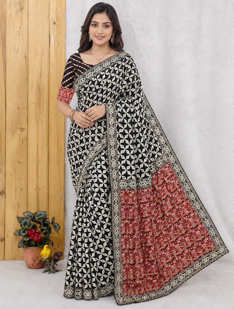 Black Color Floral Printed Pallu With Sequince & Mirror Work & Thread Embroidered Lace Border Silk Blend Saree