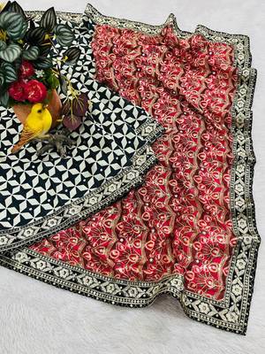 Black Color Floral Printed Pallu With Sequince & Mirror Work & Thread Embroidered Lace Border Silk Blend Saree 2