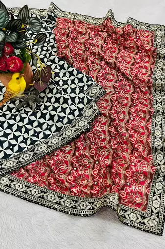 Black Color Floral Printed Pallu With Sequince & Mirror Work & Thread Embroidered Lace Border Silk Blend Saree