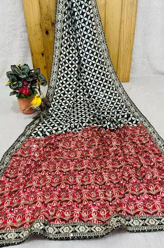 Black Color Floral Printed Pallu With Sequince & Mirror Work & Thread Embroidered Lace Border Silk Blend Saree