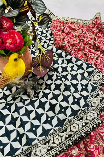 Black Color Floral Printed Pallu With Sequince & Mirror Work & Thread Embroidered Lace Border Silk Blend Saree