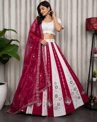 White Embroidery and sequins Roman silk blend Lahenga choli Set  1