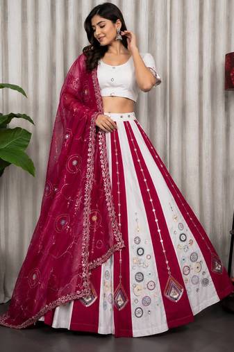 White Embroidery and sequins Roman silk blend Lahenga choli Set 