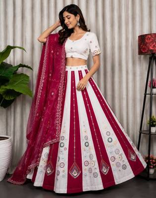 White Embroidery and sequins Roman silk blend Lahenga choli Set  2
