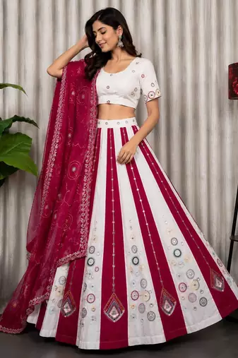 White Embroidery and sequins Roman silk blend Lahenga choli Set 