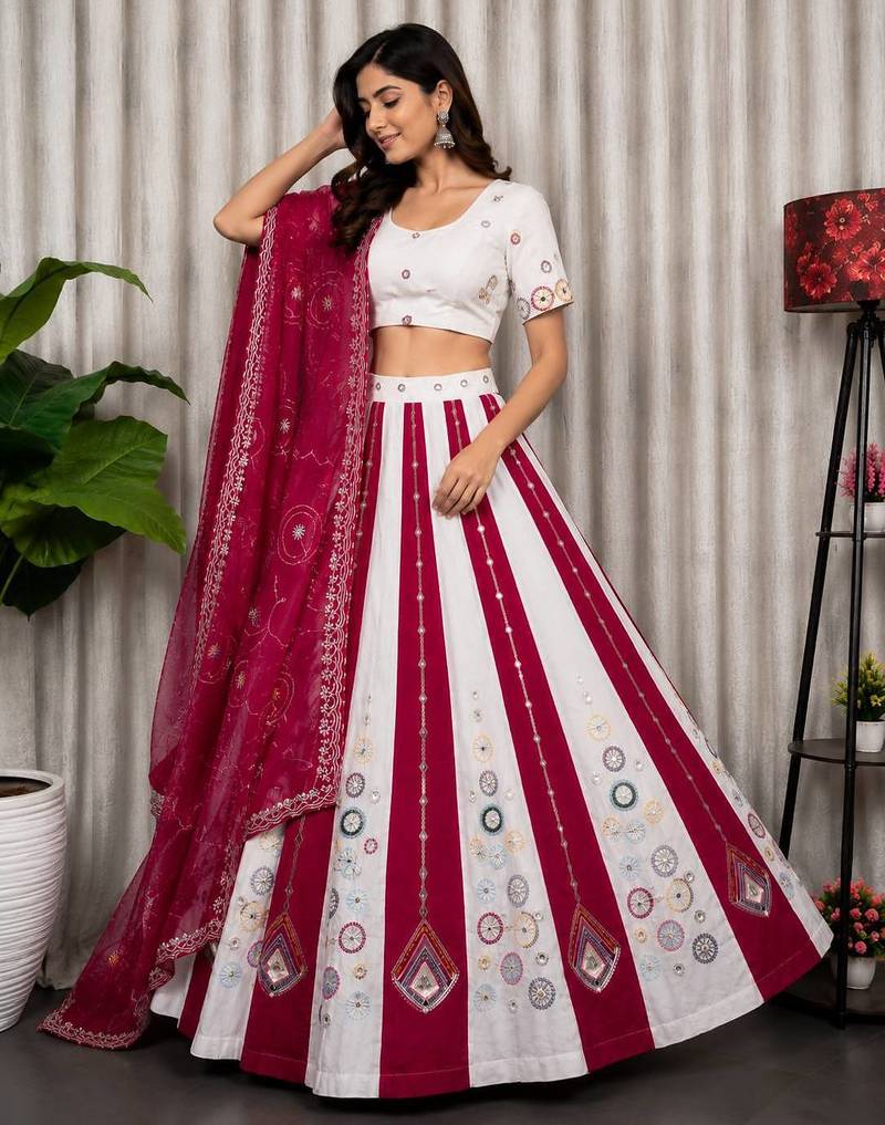 White Embroidery and sequins Roman silk blend Lahenga choli Set 
