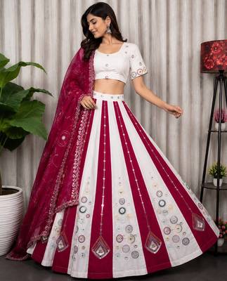 White Embroidery and sequins Roman silk blend Lahenga choli Set  3