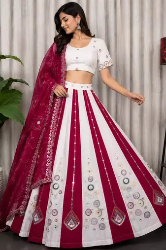 White Embroidery and sequins Roman silk blend Lahenga choli Set 