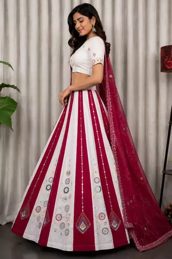 White Embroidery and sequins Roman silk blend Lahenga choli Set 