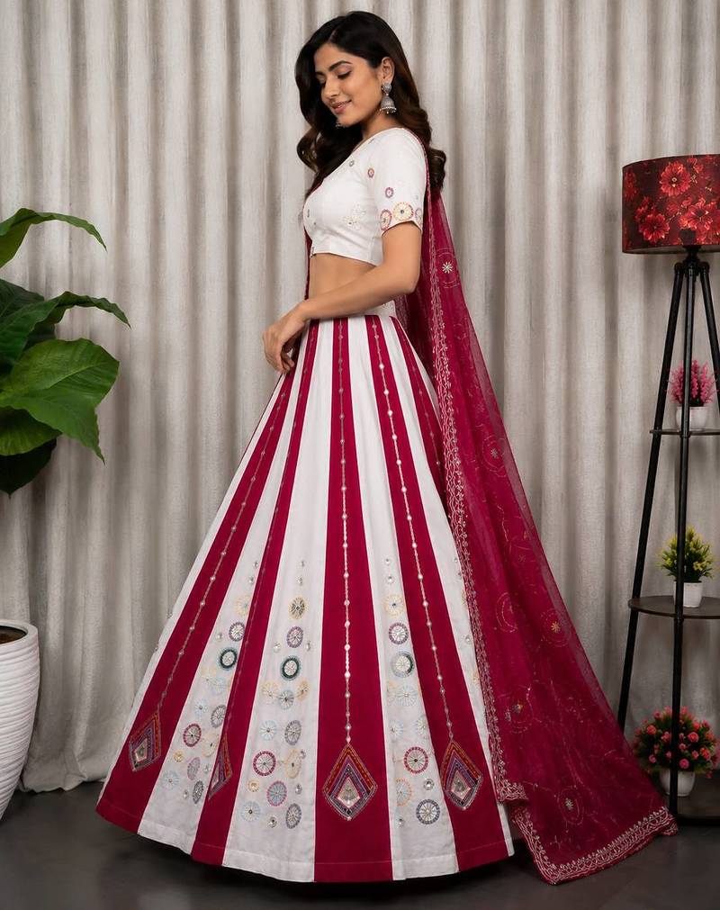 White Embroidery and sequins Roman silk blend Lahenga choli Set 
