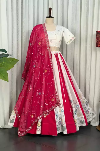 White Embroidery and sequins Roman silk blend Lahenga choli Set 