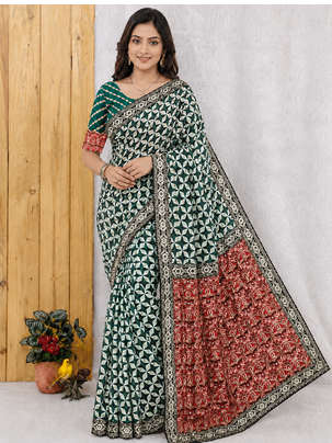 Dark Green Color Floral Printed Pallu With Sequince & Mirror Work & Thread Embroidered Lace Border Silk Blend Saree 1