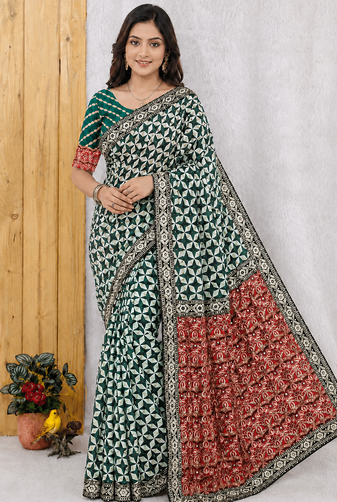 Dark Green Color Floral Printed Pallu With Sequince & Mirror Work & Thread Embroidered Lace Border Silk Blend Saree