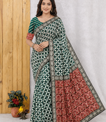 Dark Green Color Floral Printed Pallu With Sequince & Mirror Work & Thread Embroidered Lace Border Silk Blend Saree