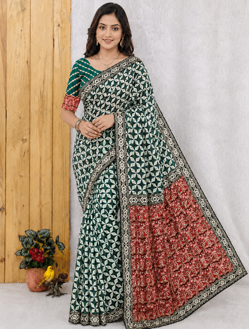 Dark Green Color Floral Printed Pallu With Sequince & Mirror Work & Thread Embroidered Lace Border Silk Blend Saree