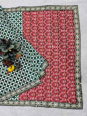 Dark Green Color Floral Printed Pallu With Sequince & Mirror Work & Thread Embroidered Lace Border Silk Blend Saree 2