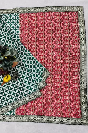 Dark Green Color Floral Printed Pallu With Sequince & Mirror Work & Thread Embroidered Lace Border Silk Blend Saree