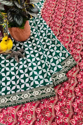 Dark Green Color Floral Printed Pallu With Sequince & Mirror Work & Thread Embroidered Lace Border Silk Blend Saree