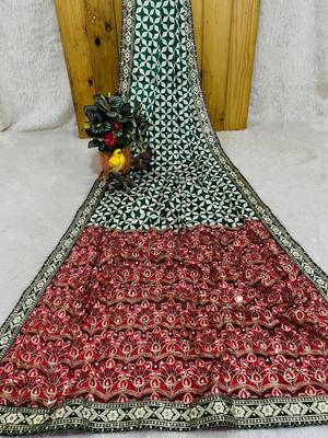 Dark Green Color Floral Printed Pallu With Sequince & Mirror Work & Thread Embroidered Lace Border Silk Blend Saree 4