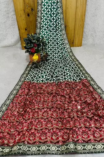 Dark Green Color Floral Printed Pallu With Sequince & Mirror Work & Thread Embroidered Lace Border Silk Blend Saree