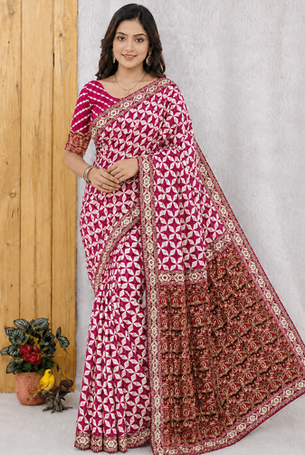 Rani Pink Color Floral Printed Pallu With Sequince & Mirror Work & Thread Embroidered Lace Border Silk Blend Saree