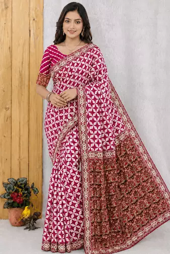 Rani Pink Color Floral Printed Pallu With Sequince & Mirror Work & Thread Embroidered Lace Border Silk Blend Saree