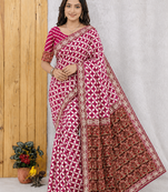 Rani Pink Color Floral Printed Pallu With Sequince & Mirror Work & Thread Embroidered Lace Border Silk Blend Saree