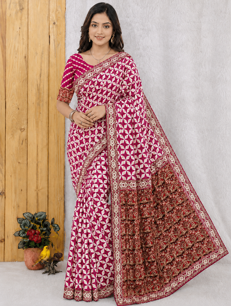 Rani Pink Color Floral Printed Pallu With Sequince & Mirror Work & Thread Embroidered Lace Border Silk Blend Saree