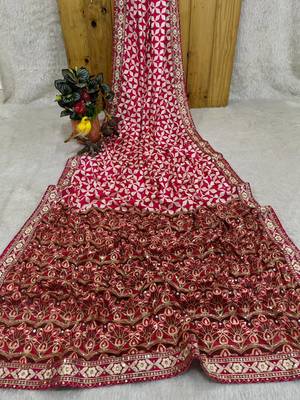 Rani Pink Color Floral Printed Pallu With Sequince & Mirror Work & Thread Embroidered Lace Border Silk Blend Saree 2