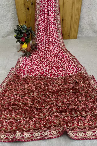 Rani Pink Color Floral Printed Pallu With Sequince & Mirror Work & Thread Embroidered Lace Border Silk Blend Saree