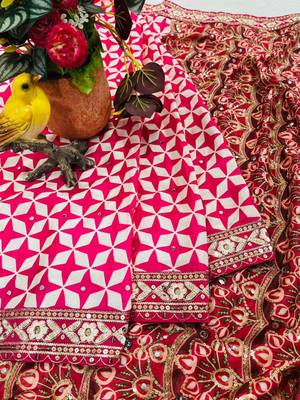 Rani Pink Color Floral Printed Pallu With Sequince & Mirror Work & Thread Embroidered Lace Border Silk Blend Saree 3
