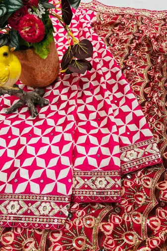 Rani Pink Color Floral Printed Pallu With Sequince & Mirror Work & Thread Embroidered Lace Border Silk Blend Saree