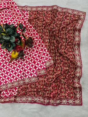 Rani Pink Color Floral Printed Pallu With Sequince & Mirror Work & Thread Embroidered Lace Border Silk Blend Saree 4