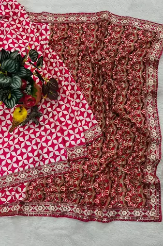 Rani Pink Color Floral Printed Pallu With Sequince & Mirror Work & Thread Embroidered Lace Border Silk Blend Saree