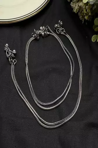 Double Snake Chain Silver Anklet with Bells | Minimalist Boho Foot Jewelry | Indian Payal Pair 