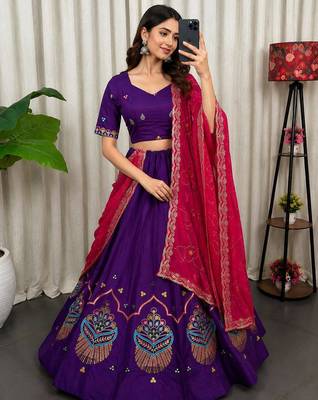 Purple Embroidery and sequins Roman silk blend Lahenga choli Set 1