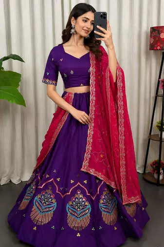 Purple Embroidery and sequins Roman silk blend Lahenga choli Set