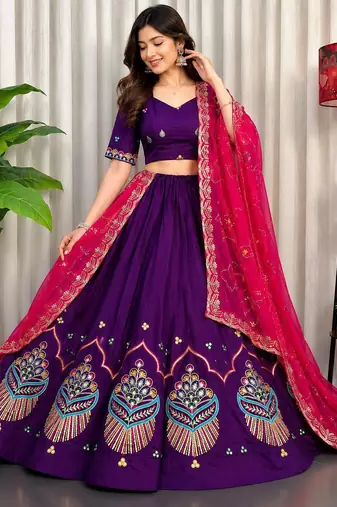 Purple Embroidery and sequins Roman silk blend Lahenga choli Set
