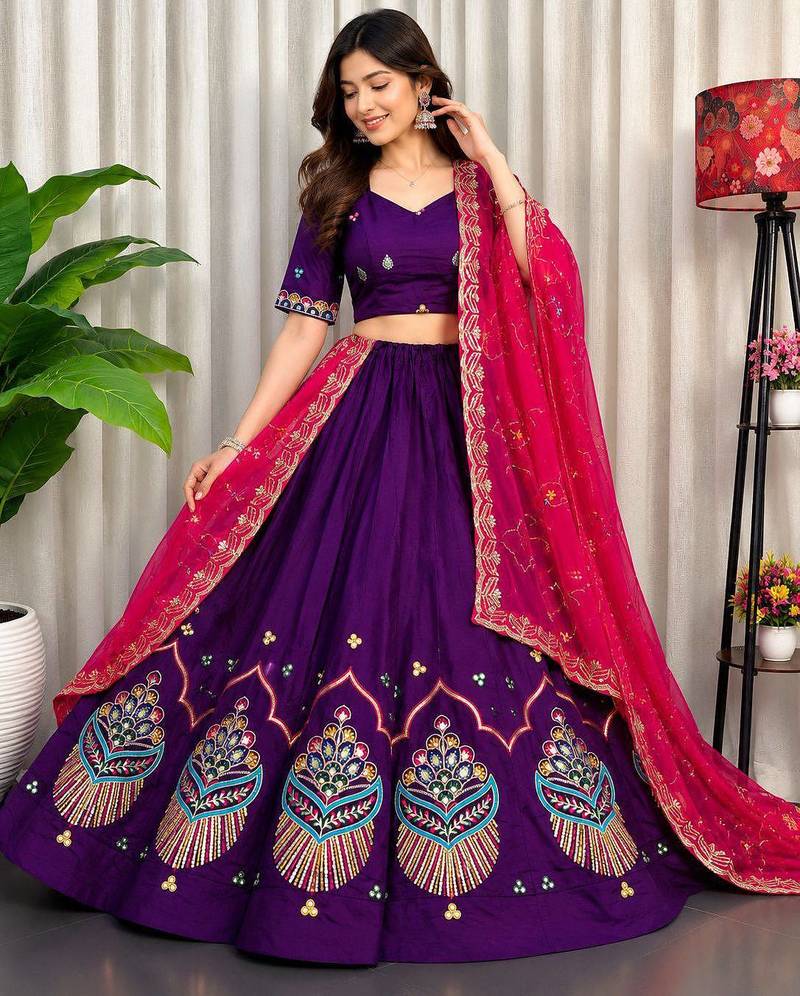 Purple Embroidery and sequins Roman silk blend Lahenga choli Set